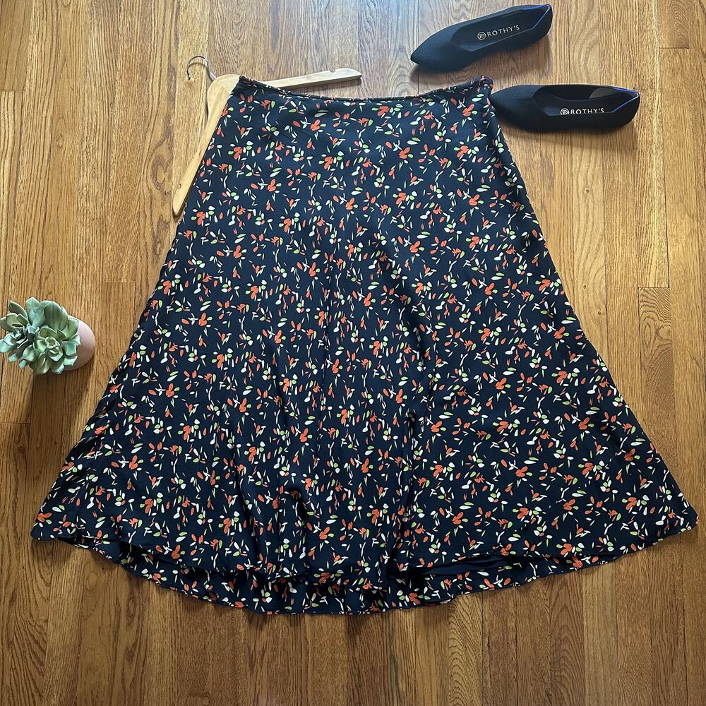 Jones New York Navy Floral 100% Silk Midi A-Line Skirt